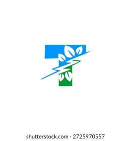 Logotipo da letra T combinando um raio e uma folha verde. Design vetorial para energia renovável, eletricidade ecologicamente correta e start-ups tecnológicas sustentáveis.