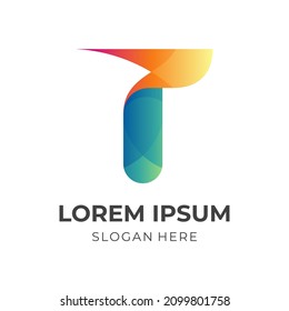 letter T logo concept with 3d orange and green color style