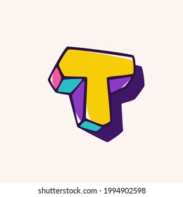 Logo de la letra T en estilo de niños cúbicos basado en formas isométricas imposibles. Perfecto para etiquetas para niños, marca de ilusión, afiches de cumpleaños bonitos, etc.