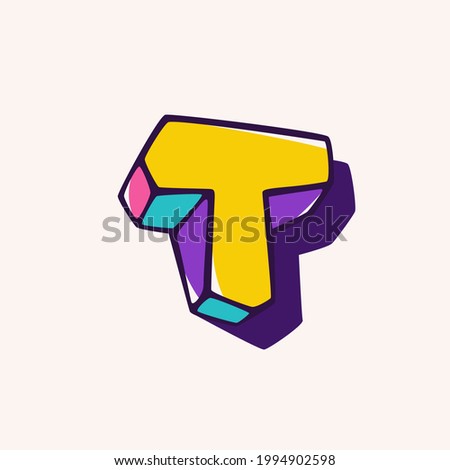 Letter T logo in cubic children style based on impossible isometric shapes. Perfect for kids labels, illusion branding, cute birthday posters etc.