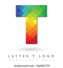 Letter T Logo Design Concept in Rainbow Mosaic Pattern Fill and White Background