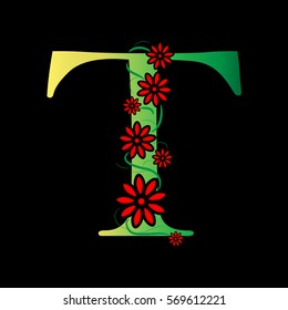 Letter T Logo Design Concept with Red Flowers Isolated on Black Background
