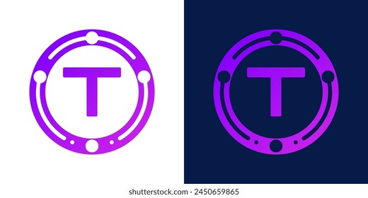 letter T logo design with dotted gradient digital circles, for digital, technology, data