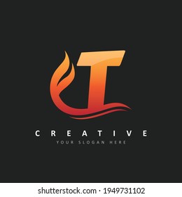 Letter T Logo Design With Fire Flames and Orange Swoosh Vector Illustration