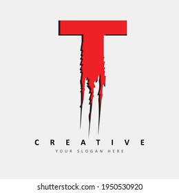 Letter T Logo Design With Red Claw Scratch Vector Illustration