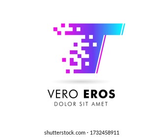Letter T logo design template. Letter T logo in pixel motion style with gradient color.