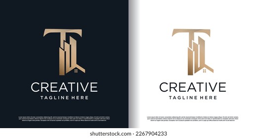 letter t logo design template with building concept premium vector