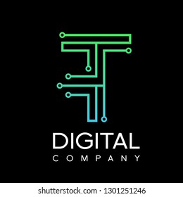 Letter T logo design template,Technology abstract dot connection cross vector logo icon circle logotype. Graphic is suitable for technology, digital, sharp, dot, electric. Gradient blue and green.