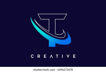 Buchstabe T Logo. T Letter Design Vektorillustration mit Blue Swash VectorIllustration. 