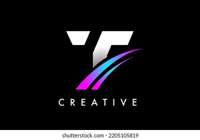 Letter T Logo Design Vector with Curved Purple Blue Swoosh Lines and Creative Look. Elegant Initial Modern T Logo Icon Idea Vector Illustration.