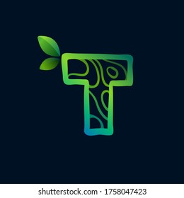 Letter T logo with eco waves pattern. Perfect vector green icon for landscape design, natural print and cartography labels, etc.