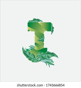 Letter T logo element with tropical leaves decoration