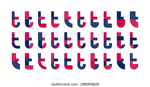 Letter t logo elements set, vector trendy retro initial, geometric monogram design symbol T.