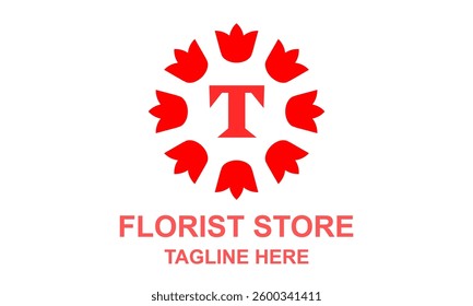 Letter T logo floral. Elegant symbol abstract flower red colour clip art logo. Branding for florist business