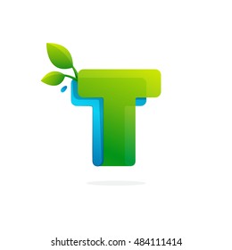 Letter T logo formed by ribbon with leaves and drops. Font style, vector elements for posters, t-shirts and cards.