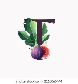 Letter T Logo With Fresh Ripe Purple Fig Fruit And Slices With Leaf. Vector Watercolor Hand Drawn Illustration, Isolated On White Background.