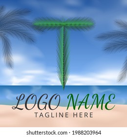 Letter T Logo Green tropical coconut leaf with creative summer concept