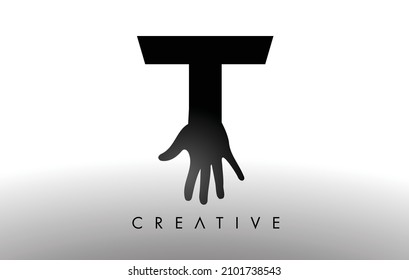Letter T Logo with Hand Vector Icon Illustration. Creative Hand Logo Letter in Black and White with hand silhouette.