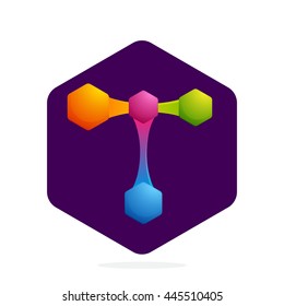 Letter T logo with Hexagon and lines. Bright color vector design for your science, biology, physics, chemistry company. Icon for banner, presentation, web page, app icon, card, labels or posters.