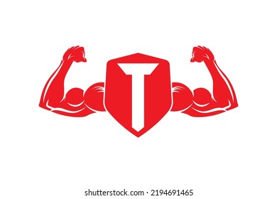 Letter T logo icon design template elements, with bicep flex and shield.
