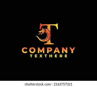 letter T logo icon with dragon design vector-fire color black background