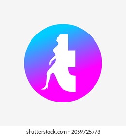 letter t logo, letter icon and walking woman in blue pink dots. creative logo icon