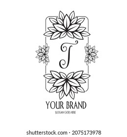logotipo de letra T y marco de hoja. logotipo T inicial con marco de hoja premium.
adecuado para los logotipos iniciales de belleza, salud, productos de belleza, salones y otros,