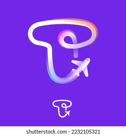 Letter T Logo aus einer Farblinie mit flachem Symbol und Regenbogenglanz. Mehrfarbenemblem überlappen Ideal für bunte Reise-App, Lieferdesign, Luftfahrtwerbung, Flugidentität.
