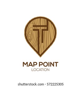 Letter T Logo Map Point Location with wooden texture,Pin maps symbol