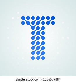 Letter T logo modern halftone icon. Vector flat letter T sign in futuristic blue dot line liquid font trendy digital design