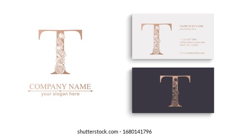 Letter T logo or monogram. For your business. Vector sign. Floral style, beautiful roses. Personal logo.