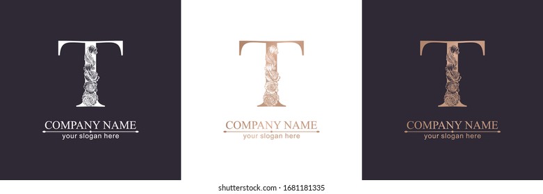 Logotipo o monograma de la letra T. Para su negocio. Signo vectorial. Estilo floral, bellas rosas. Logo personal.