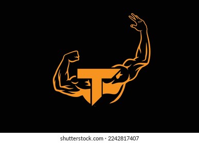 Letter T Logo With muscular open  Back Double Biceps shape. Fitness Gym logo.