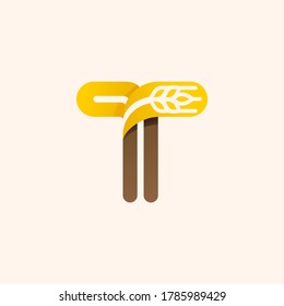 Letter T logo with negative space wheat. Perfect vector font for bakery identity, badges or emblems for natural fresh products, etc.