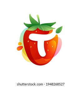 Letter T logo on a tasty ripe Strawberry with green leaves and juice splashes. Vector negative space icon for fresh farm organic company, ecology magazine, exotic poster, summer menu cover.