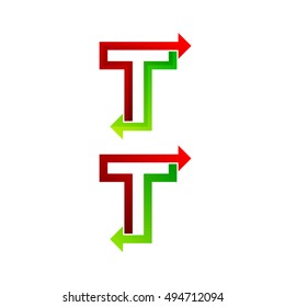 Letter T logo with Red and Green Arrow Forward Next Signs, Express Exchange Symbols, Transportation Export Import icons, Technology Digital Connection Trading concept for Corporate identity Business