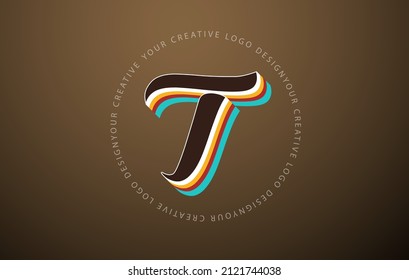 Letter T logo with retro pop art design. Handwritten letter with vintage typeface and rounded text frame. Retro Typeface. Vector Font Illustration.