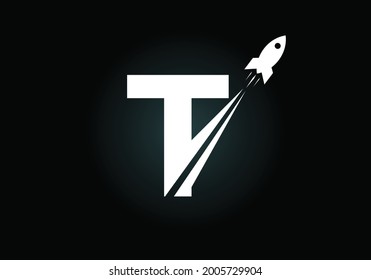 Letter T Logo with Rocket Launching for Technology Startups and Innovation in White on Black