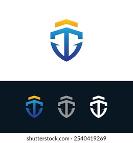 letter T logo with ship and anchor illustration. Logo icon ship anchor and container for shipping company