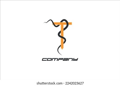 Letter T logo, Snake wrapped around the letter T shape separated trimmed each other.