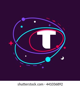 Letter T logo in space orbits, stars and and planets. Colorful vector design for app icon, corporate identity, card, labels or posters.