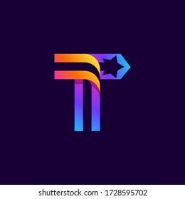 Letter T logo with star inside. Vector parallel lines icon. Perfect font for multicolor labels, space print, nightlife posters etc.