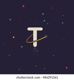 Letter T logo with swoosh and rocket, space themed