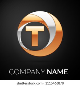Letter T logo symbol in the golden-silver colorful circle on black background. Vector template for your design