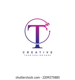 letter T logo template with blue and purple gradient colors with floral ornaments and circular lines. elegant and luxurious letter T logo design. beautiful letter T logo vector. icon T