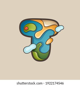 Logo de la letra T con patrón de línea de mapa topográfico. Emblema de aventura al aire libre con montaña, océano, colinas, bosque, desierto y nubes.
