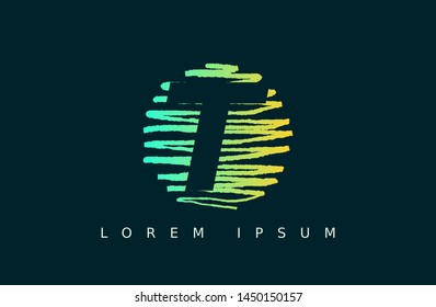 Letter T logo vector with green round. wood texture style