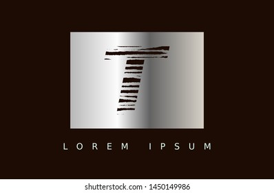 Letter T logo vector with silver box. wood texture style