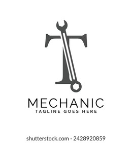 letter T logo with wrench. Alphabet T Spanner logo design