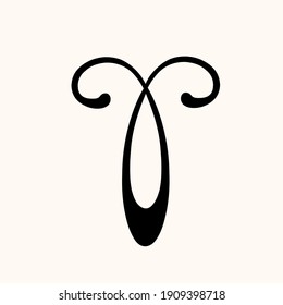 Logo de la letra T.Icono decorativo creativo tipográfico aislado en fondo claro.Icono de símbolo para belleza, spa, cosméticos, elegante marca de lujo.Alfabet inicial.Elemento Swirl.Forma de carácter en mayúsculas.